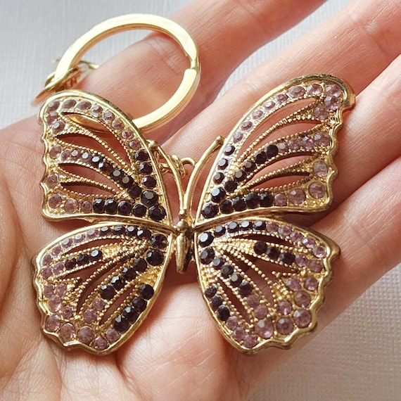 Monet Gold Butterfly Keychain, Monet Rhinestone K… - image 4