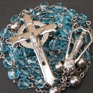 Vintage Sterling Silver Catholic Rosary, Sterling Crucifix Blue Rosary, March Birthstone Rosary, RCIA Confirmation First Communion Rosary