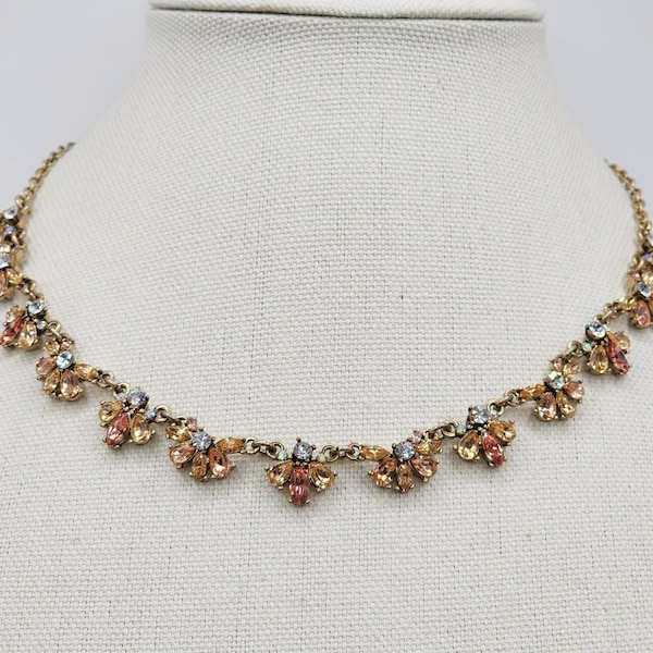 Vintage Floral Cluster Choker Necklace Amber Champagne Rhinestones Adjustable