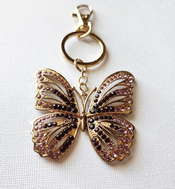 Monet Gold Butterfly Keychain, Monet Rhinestone K… - image 2