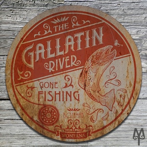 Placa de parede rústica para pesca com mosca no Rio Montana Gallatin