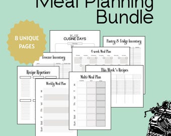 Paquete de planificación de comidas imprimible: recetas semanales y mensuales, lista de la compra e inventario de despensa.