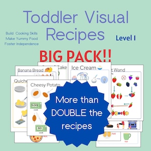 May include: A set of illustrated recipe cards for toddlers, featuring visual instructions for making foods like banana bread and ice cream. The cards are labelled "Toddler Visual Recipes" and "BIG PACK!!". The recipes aim to build cooking skills and foster independence.