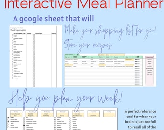 Planificador de comidas interactivo de Google Sheet con lista de compras automatizada y base de datos de recetas personalizadas