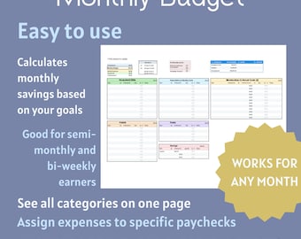 Hoja de cálculo digital de Google para presupuesto mensual y calculadora imprimible de ingresos y gastos con objetivos de ahorro.