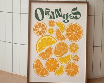Oranges Wall Art, Orange Poster Kitchen Decor, Citrus Funky Fruit Poster, Abstract Art Print, Retro Kitchen Art Print, Housewarming Gift