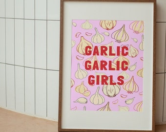 Knoblauch Garlic Girl Poster Küchendeko, Knoblauch Wandkunst, Funky Gemüse Poster, abstrakte Kunstdruck, Retro Küche Kunstdruck, Knoblauchdruck