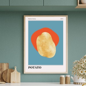May include: A minimalist poster with a blue background and a single potato in the center. The potato is surrounded by a red circle. The poster is titled "POTATO" and is part of a "Market Series" collection.
