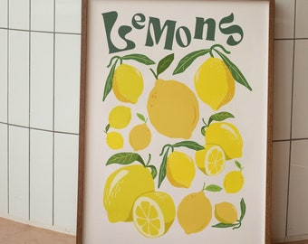 Lemons Wall Art, Lemon Poster Kitchen Decor, Funky Fruit Poster, Lime Abstract Art Print, Retro Lemons Kitchen Art Print, Housewarming Gift