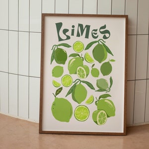 Limes Wall Art, Citrus Poster Kitchen Decor, Lime Funky Fruit Poster, Abstract Art Print, Lemon Retro Kitchen Art Print, Housewarming Gift