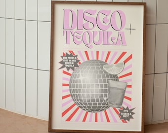 Pink Disco und Tequila Poster, Barwagen Digitaler Download, Ästhetisches Raumdekor, Retro Vintage Disco und Tequila Kunstdruck, Studentenzimmer Deko