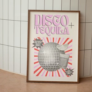 Różowy plakat Disco i Tequila, cyfrowy koszyk barowy do pobrania, estetyczny wystrój pokoju, retro vintage Disco i Tequila wydruk artystyczny, wystrój pokoju w akademiku