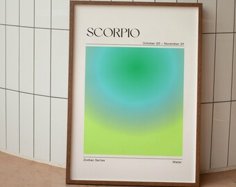 以下が含まれることがあります： 緑、青、黄色のグラデーションデザインの額装されたプリント。プリントには「SCORPIO」という言葉と「10月23日 - 11月21日」の日付が記載されています。プリントには「Zodiac Series」と「Water」のテキストも含まれています。