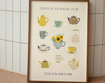 Coffee and Tea Social Club Poster, Kitchen Prints, Housewarming Gift, Coffee / Tea Print,  Breakfast Poster, Coffee Lover Print, Tea Print