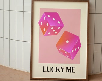 Lucky Me Dice Wall Art Print, Dice Retro Poster, Trendy Wall Art, College Apartment Aesthetic, Printable Art, Pink Red Dice, Digital Prints,