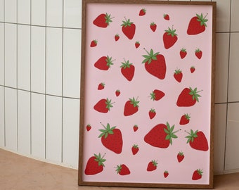 Strawberries Wall Art, Strawberry Poster Kitchen Decor, Funky Fruit Poster, Abstract Art Print, Retro Kitchen Art Print, Housewarming Gift