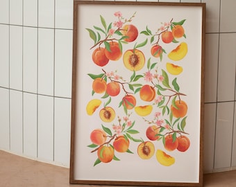 Sztuka ścienna z brzoskwiniami, plakat z brzoskwiniami, dekoracja kuchenna, plakat z owocami, abstrakcyjny wydruk artystyczny, retro wydruk artystyczny do kuchni, prezent na parapetówkę
