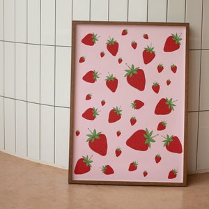 Strawberries Wall Art, Strawberry Poster Kitchen Decor, Funky Fruit Poster, Abstract Art Print, Retro Kitchen Art Print, Housewarming Gift