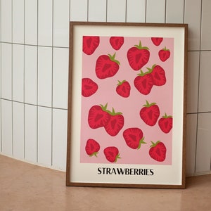 Strawberries Wall Art, Strawberry Poster Kitchen Decor, Funky Fruit Poster, Abstract Art Print, Retro Kitchen Art Print, Housewarming Gift