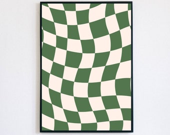 Sage Green Checkered Poster | Funky Wall Art Digital Download | Trendy Groovy Art Print Decor | Retro Wavy Checkerboard Digital Print