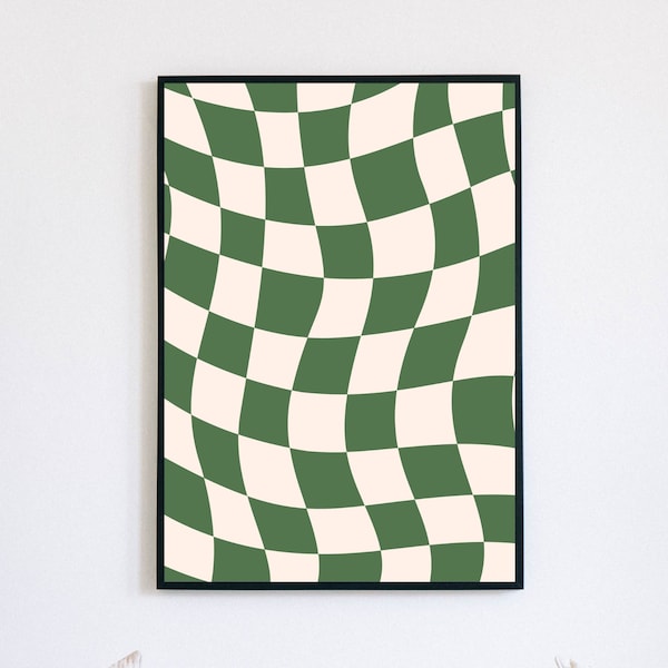 Sage Green Checkered Poster | Funky Wall Art Digital Download | Trendy Groovy Art Print Decor | Retro Wavy Checkerboard Digital Print