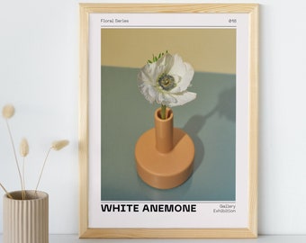 Impressão de anêmona branca | Flor branca para impressão | Arte floral delicada da parede | Download digital de pôster de flor branca | Arte delicada do prado primaveril