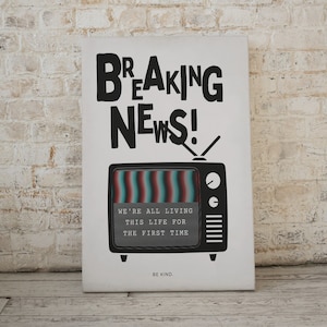 Retro Breaking News Print, Vintage Newspaper Poster, Be Kind Newspaper Printable, Retro TV Black and White Digital Download, Vintage TV Art