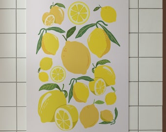 Lemons Wall Art, Lemon Poster Kitchen Decor, Funky Fruit Poster, Lime Abstract Art Print, Retro Lemons Kitchen Art Print, Housewarming Gift