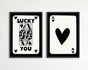 Trendy Retro Wall Art Set Of 2, Retro Trendy Aesthetic Print, Black and White Ace Card Poster, Lucky You Poster, Trendy Wall Art, Funky Art