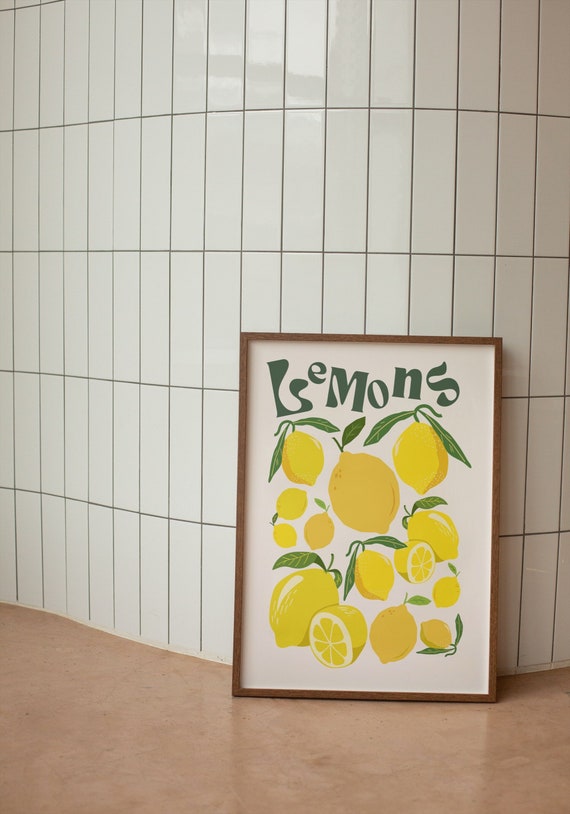Lemons Wall Art, Lemon Poster Kitchen Decor, Funky Fruit Poster, Lime Abstract Art Print, Retro Lemons Kitchen Art Print, Housewarming Gift