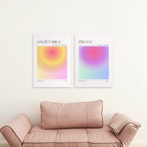 May include: Two minimalist posters with a gradient background in pink, yellow, blue, and green. The posters are titled "Sagittarius" and "Pisces" with the corresponding dates for each zodiac sign.