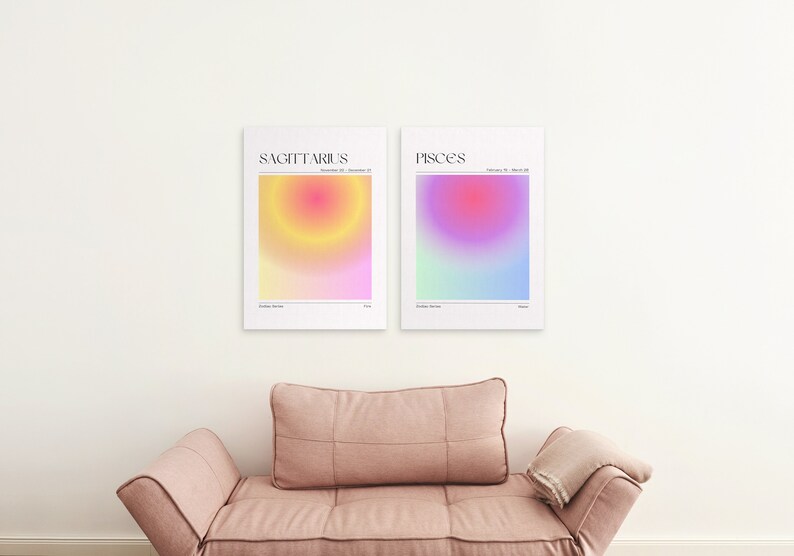 May include: Two minimalist posters with a gradient background in pink, yellow, blue, and green. The posters are titled "Sagittarius" and "Pisces" with the corresponding dates for each zodiac sign.