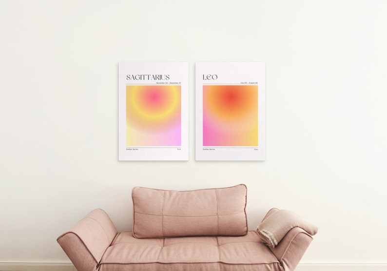 May include: Two minimalist zodiac prints with a gradient background in shades of pink, yellow, and orange. The prints feature the zodiac signs Sagittarius and Leo with their corresponding dates.
