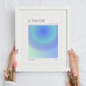 May include: A white framed print with a blue and green gradient design. The print features the word "CANCER" in black text and the dates "June 21 - July 22". The text "Zodiac Series" and "Water" are also included.