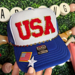 July 4th USA Red White and Blue American Flag Trucker Hat with Custom Chain Snap-back Otto Ball Cap Republican