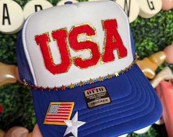 July 4th USA Red White and Blue American Flag Trucker Hat with Custom Chain Snap-back Otto Ball Cap Republican