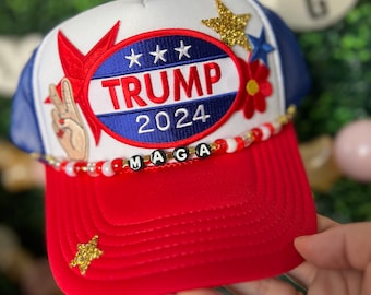 Trump MAGA USA Red White and Blue American Flag Trucker Hat with Custom Chain Snap-back Otto Ball Cap Republican