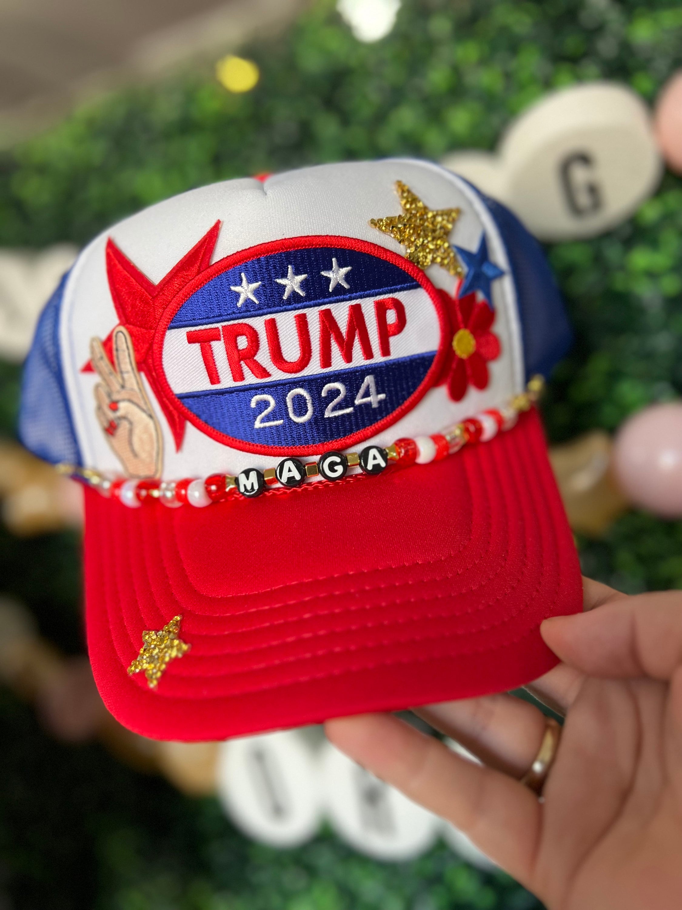 OTTO Red, White & Blue Trucker Cap with Gold Chain ?? Patriotic USA USA Patriotic Otto Trucker Hat Layered Patriotic Red White  main image 2