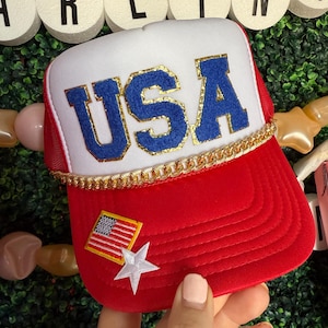 July 4th USA Red White and Blue American Flag Trucker Hat with Custom Chain Snap-back Otto Ball Cap Republican