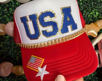 July 4th USA Red White and Blue American Flag Trucker Hat with Custom Chain Snap-back Otto Ball Cap Republican
