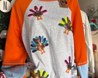 Sequin Turkey Thanksgiving Color Block Tee Shirt Pullover Outfit
