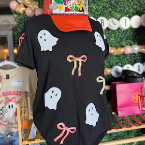 Sequin Ghost & Bows Tee Halloween Trick or Treat Plus Size Shirt Outfit