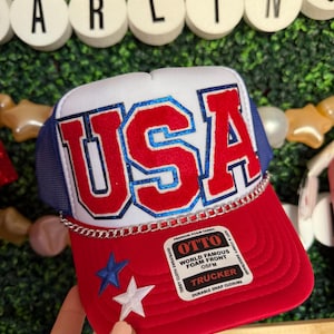 July 4th USA Red White and Blue American Flag Trucker Hat with Custom Chain Snap-back Otto Ball Cap Republican