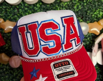 July 4th USA Red White and Blue American Flag Trucker Hat with Custom Chain Snap-back Otto Ball Cap Republican