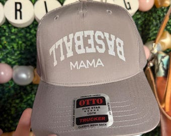Upside Down Baseball Mama Grey Hat w/ White Vinyl Trucker Hat T-ball Mama Snap-back Otto Ball Cap