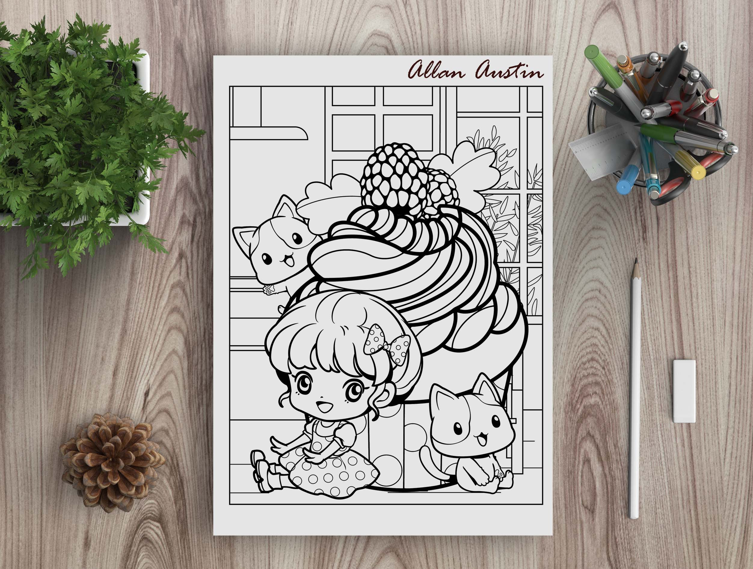 Chibi Girl, Kawaii Cat and Dessert Printable Coloring Pages SET 3