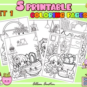 Chibi Girl, Cat and Plants printable coloring pages MINI SET 1 / downloadable coloring pages/ digital version of coloring pages