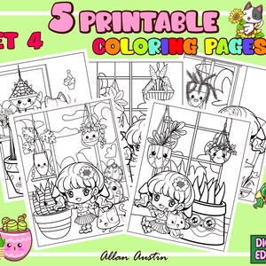 Chibi Girl, Cat and Plants printable coloring pages MINI SET 4 / downloadable coloring pages/ digital version of coloring pages