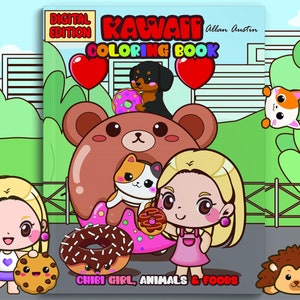 Kawaii Coloring book: Chibi girls, animals and foods - in both PDF and PNG format