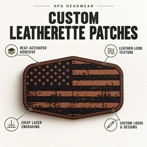 May include: A rectangular leatherette patch featuring a laser-engraved American flag design in black and brown. The patch includes text labels for heat-activated adhesive, leather-look texture, crisp laser engraving, and custom logos and designs.